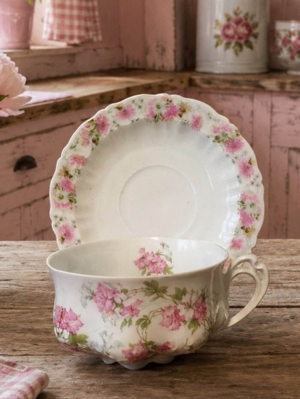 AUSTRIA Signed Pink Flower Floral Vintage Teacup and Saucer Porcelain? EUC